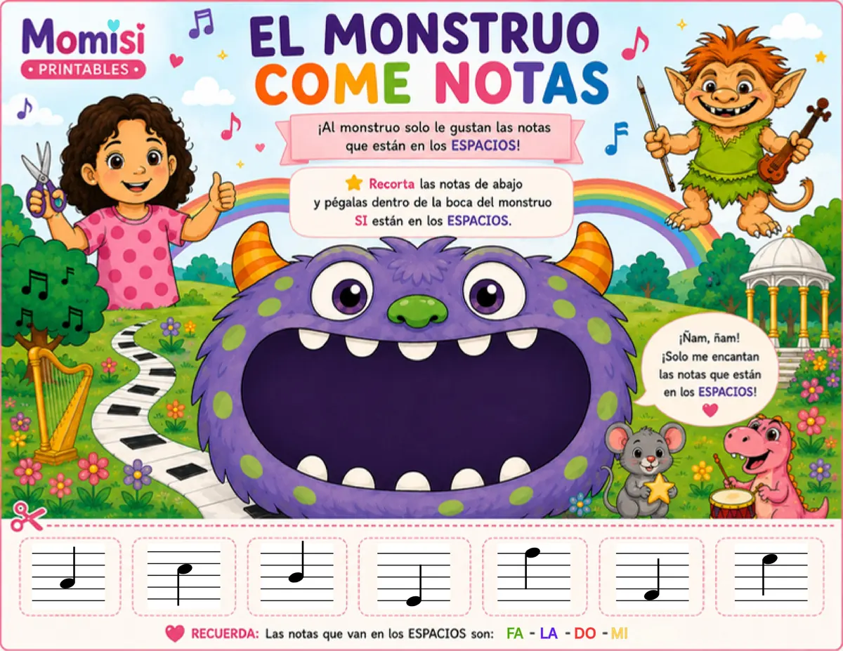 El Monstruo Come Notas: identifica las notas en los espacios